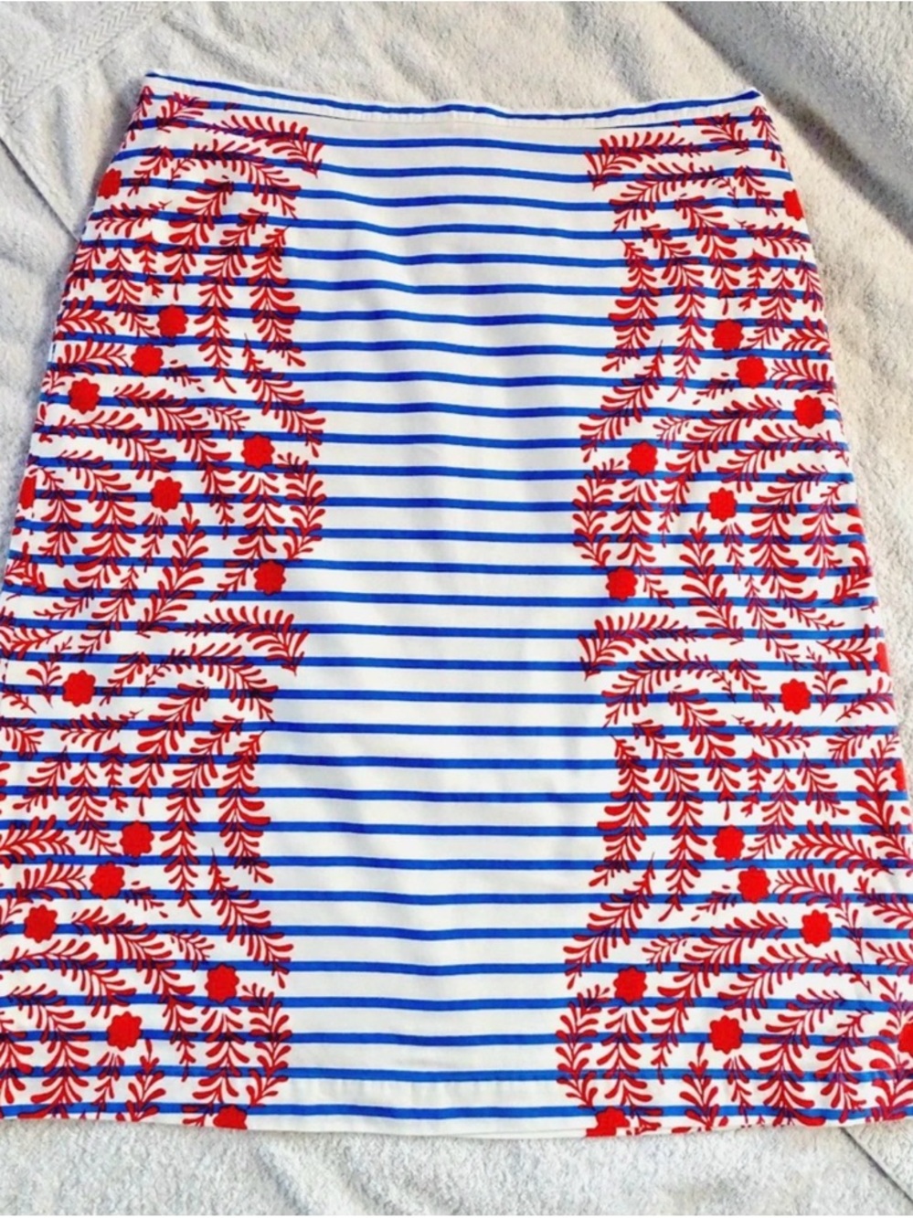 Boden US 6P Blue & White Striped Pencil Skirt with Coral Red Floral